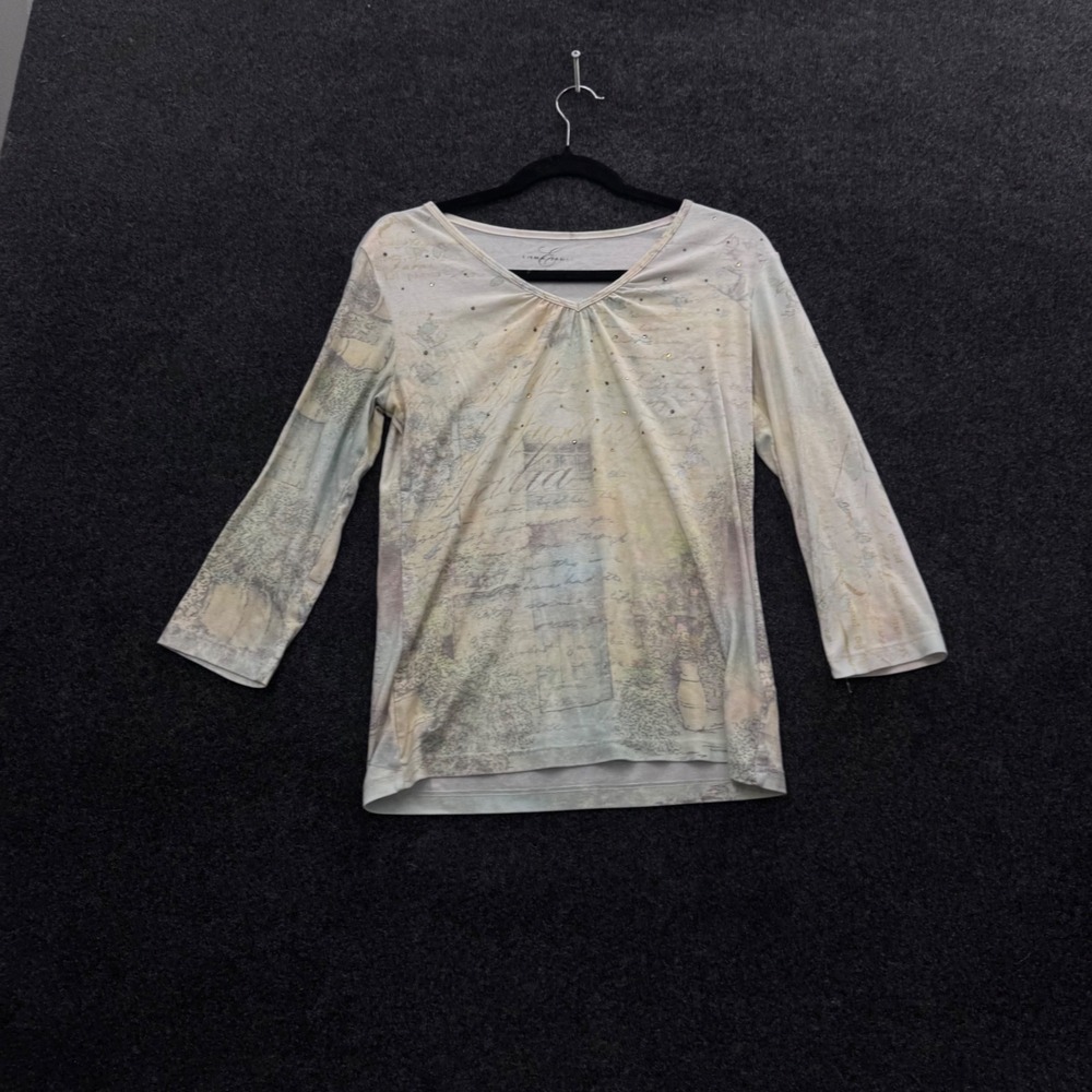 Vintage Emma James V-Neck Rhinestone Script Botanical Print Top Small Neutral
